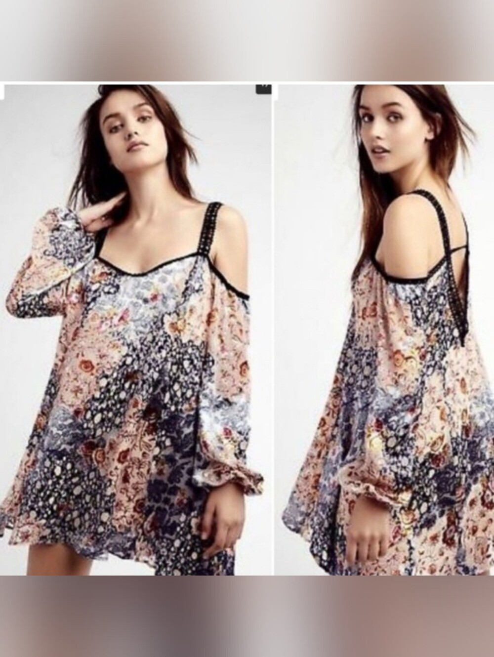 Free People Scattered Blooms Cold Shoulder Silk Blend Mini Dress Sz M